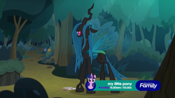 Size: 1920x1080 | Tagged: safe, screencap, queen chrysalis, twilight sparkle, changeling, changeling queen, season 8, the mean 6, discovery family logo, eyes closed, female, laughing, solo, youtube link