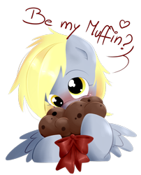 Size: 900x1116 | Tagged: safe, artist:secret-pony, derpy hooves, pegasus, pony, blushing, dialogue, female, heart, mare, muffin, simple background, solo, transparent background, valentine