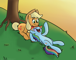 Size: 1808x1422 | Tagged: safe, artist:doodling-is-magic, derpibooru import, applejack, rainbow dash, earth pony, pegasus, pony, appledash, blushing, cute, female, grass, lesbian, lying, on back, shipping, tree