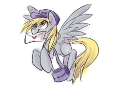 Size: 700x500 | Tagged: safe, derpy hooves, pegasus, pony, female, hat, letter, mail, mailpony, mare, saddle bag, solo