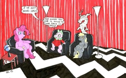 Size: 1690x1044 | Tagged: safe, derpy hooves, gummy, pinkie pie, spike, dragon, pegasus, pony, female, mare, parody, red room, twin peaks