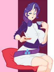 Size: 860x1148 | Tagged: safe, artist:slipe, rarity, breasts, cup, horned humanization, humanized, raritits, tea