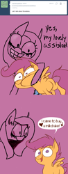 Size: 600x1536 | Tagged: safe, artist:capnpea, artist:hornsies, pinkie pie, scootaloo, earth pony, pony, another goddamn pinkamena ask blog, cheek squish, pinkamena diane pie