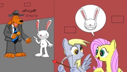 Size: 1024x585 | Tagged: safe, artist:pheeph, derpy hooves, fluttershy, pegasus, pony, female, mare, max, sam, sam and max