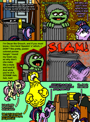 Size: 569x771 | Tagged: safe, artist:hirake! pony key, derpibooru import, fluttershy, rarity, twilight sparkle, pegasus, pony, unicorn, big bird, cobblestone street, comic, crossover, my little pony meets sesame street, oscar the grouch, sesame street, trash can, yelling