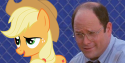 Size: 495x249 | Tagged: safe, edit, applejack, earth pony, pony, comparison, costanza face, crossover, george costanza, glasses, ishygddt, meme, reaction image, seinfeld