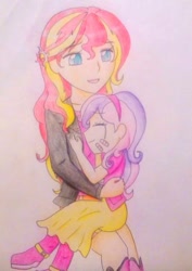 Size: 614x867 | Tagged: safe, artist:little-miss-oshawott, sunset shimmer, sweetie belle, equestria girls, bandaid, comforting, crying, hug, lullaby, singing, traditional art