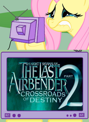 Size: 563x771 | Tagged: safe, fluttershy, pegasus, pony, avatar the last airbender, exploitable meme, fake, fluttercry, m. night shyamalan, meme, pure unfiltered evil, tv meme