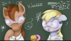 Size: 1400x804 | Tagged: safe, artist:xiao668, derpy hooves, doctor whooves, pegasus, pony, donut, donutmuffin, female, mare, muffin, science