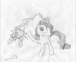 Size: 2716x2238 | Tagged: safe, artist:onsaud, rarity, crab, pony, unicorn, magic, monochrome, rarity fighting a giant crab, sketch