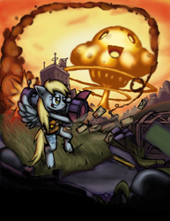 Size: 2549x3299 | Tagged: safe, artist:cazra, derpy hooves, pegasus, pony, female, gamma world, mare, mushroom cloud, solo, weapon