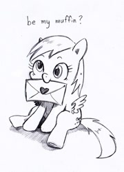 Size: 442x614 | Tagged: safe, artist:trips-ocho, derpy hooves, pegasus, pony, female, letter, mare, monochrome, mouth hold, sitting, solo, valentine