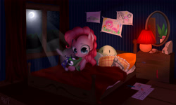 Size: 5000x3000 | Tagged: safe, artist:vardastouch, gummy, pinkie pie, earth pony, pony, bed, drawing, filly, moon, night