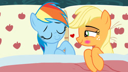 Size: 1280x715 | Tagged: safe, artist:crashie7, derpibooru import, edit, edited screencap, screencap, applejack, rainbow dash, earth pony, pegasus, pony, 28 pranks later, appledash, applejack's bed partner, bed, exploitable meme, female, lesbian, mare, meme, pillow, shipping