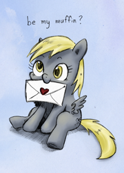 Size: 442x614 | Tagged: safe, artist:chromaskunk, artist:trips-ocho, derpy hooves, pegasus, pony, chibi, colored, cute, derpabetes, female, mare, mouth hold, sitting, solo, valentine