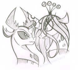 Size: 1765x1582 | Tagged: safe, artist:rossmaniteanzu, queen chrysalis, thorax, changedling, changeling, changeling queen, changeling king, duo, female, grayscale, king thorax, looking at each other, male, monochrome, mother and child, mother and son, parent and child, pencil drawing, simple background, sketch, smiling, traditional art, white background