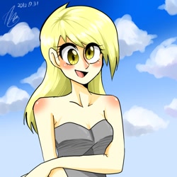 Size: 894x894 | Tagged: safe, artist:newjm, derpy hooves, blonde hair, clothes, female, humanized, smiling, solo