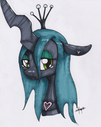 Size: 832x1044 | Tagged: safe, artist:shikogo, queen chrysalis, changeling, changeling queen, bust, female, floppy ears, looking at you, portrait, sad, solo, traditional art
