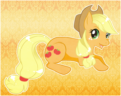 Size: 732x584 | Tagged: safe, artist:vanillacrepe, applejack, earth pony, pony, looking at you, prone, solo