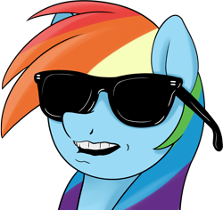 Size: 2061x1945 | Tagged: safe, artist:coinpo, derpibooru import, rainbow dash, pegasus, pony, bust, cool, simple background, solo, sunglasses, teeth, transparent background