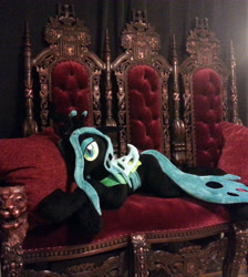 Size: 1500x1672 | Tagged: safe, artist:agatrix, queen chrysalis, alicorn, changeling, changeling queen, crossed legs, female, irl, looking at you, lying down, photo, plushie, sofa, solo, throne