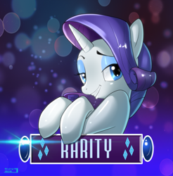 Size: 1861x1895 | Tagged: safe, artist:skyart301, rarity, pony, unicorn, abstract background, bubble, crossed hooves, eyeshadow, female, glow, gradient background, grin, leaning, lidded eyes, looking at you, makeup, mare, smiling, solo, text