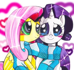 Size: 554x520 | Tagged: safe, artist:aurora-chiaro, fluttershy, rarity, pegasus, pony, unicorn, blushing, clothes, female, flarity, heart, lesbian, scarf, shared clothing, shared scarf, shipping