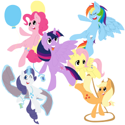 Size: 3000x3000 | Tagged: safe, artist:thepiplup, derpibooru import, applejack, fluttershy, pinkie pie, rainbow dash, rarity, twilight sparkle, twilight sparkle (alicorn), alicorn, earth pony, pegasus, pony, unicorn, balloon, female, lasso, magic, mane six, mare, thread