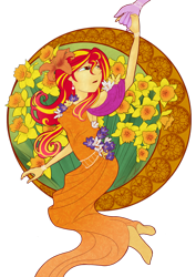 Size: 1024x1448 | Tagged: safe, artist:katrittaja, sunset shimmer, twilight sparkle, equestria girls, armpits, flower, modern art, nouveau