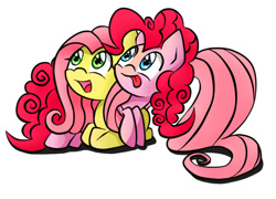 Size: 725x522 | Tagged: safe, artist:joyfulinsanity, fluttershy, pinkie pie, earth pony, pegasus, pony, female, flutterpie, hug, lesbian, shipping