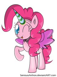 Size: 1674x2250 | Tagged: safe, artist:seriousarthos, pinkie pie, alicorn, pony, magical mystery cure, alicornified, dancing, fake wings, female, hat, mare, one eye closed, party, party hat, partycorn, pinkiecorn, race swap, simple background, solo, transparent background, wink, xk-class end-of-the-world scenario