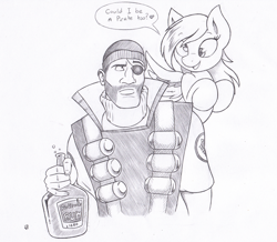 Size: 1110x967 | Tagged: safe, artist:joey darkmeat, derpy hooves, pegasus, pony, crossover, demoman, female, mare, monochrome, sketch, team fortress 2, traditional art