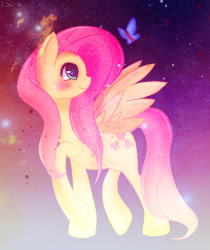 Size: 900x1072 | Tagged: safe, artist:csc-x, fluttershy, butterfly, pegasus, pony, female, mare, smiling, solo, walking