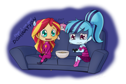 Size: 1920x1280 | Tagged: safe, artist:slackerburst, sonata dusk, sunset shimmer, equestria girls, chibi, clothes, crying, cute, gaming, skirt, sonatabetes