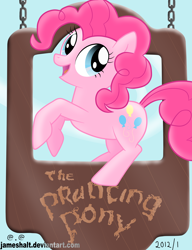 Size: 2314x3011 | Tagged: safe, artist:haltie, pinkie pie, earth pony, pony, crossover, lord of the rings, rearing, sign, solo, the prancing pony