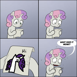 Size: 1280x1280 | Tagged: safe, artist:lemondevil, artist:wollap, rarity, sweetie belle, pony, unicorn, bipedal, comic, dialogue, exploitable meme, female, filly, gradient background, hoof hold, horn, letter, meme, paper, solo, speech bubble, sweetie's note meme, two toned hair, two toned mane, white coat