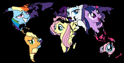 Size: 2479x1259 | Tagged: safe, artist:drawponies, derpibooru import, applejack, fluttershy, pinkie pie, rainbow dash, rarity, twilight sparkle, twilight sparkle (alicorn), alicorn, earth pony, pegasus, pony, unicorn, earth, female, mane six, map, mare, ponies as regions, ponies take over, world map