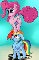 Size: 1024x1560 | Tagged: safe, artist:madacon, derpibooru import, pinkie pie, rainbow dash, earth pony, pegasus, pony, annoyed, female, floppy ears, mare, scrunchy face, standing on head, tower of pony