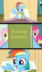 Size: 581x1000 | Tagged: safe, derpibooru import, edit, edited screencap, screencap, fluttershy, pinkie pie, rainbow dash, earth pony, pegasus, pony, read it and weep, bed, book, comic, exploitable meme, hospital bed, meme, reading rainbow, screencap comic