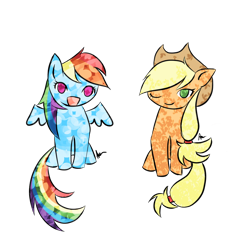 Size: 1000x1000 | Tagged: safe, artist:sandwhisper, applejack, rainbow dash, earth pony, pegasus, pony, blonde mane, blue coat, blue wings, duo, female, mare, multicolored mane, orange coat, wings