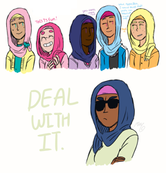 Size: 1253x1303 | Tagged: artist needed, safe, applejack, fluttershy, pinkie pie, rainbow dash, rarity, deal with it, hijab, humanized, islam, islamashy, mane six, sunglasses