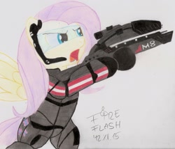 Size: 1811x1551 | Tagged: safe, artist:fireflash-frostblast, fluttershy, pegasus, pony, armor, crossover, mass effect, n7 armor, parody, traditional art