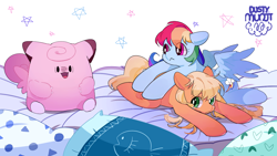 Size: 1416x800 | Tagged: safe, artist:dusty-munji, derpibooru import, applejack, rainbow dash, earth pony, pegasus, pony, :<, clefairy, female, loose hair, lying, lying on top of someone, mare, missing accessory, pillow, plushie, pokémon, spread wings, trio, wings