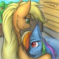 Size: 950x950 | Tagged: safe, artist:foldeath, derpibooru import, applejack, rainbow dash, earth pony, pegasus, pony, appledash, female, lesbian, shipping