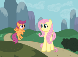 Size: 2000x1454 | Tagged: safe, artist:yooyfull, fluttershy, scootaloo, pegasus, pony, female, mare, pink mane, yellow coat