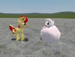 Size: 1024x768 | Tagged: artist needed, safe, sunset shimmer, oc, oc:fluffle puff, pony, 3d, comic, gmod