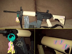 Size: 900x675 | Tagged: safe, fluttershy, ar15, custom, cutie mark, gun, gunified, irl, meta, my little arsenal, photo, rifle, toy, weapon, yay