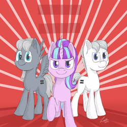 Size: 5000x5000 | Tagged: safe, artist:deltauraart, double diamond, night glider, starlight glimmer, earth pony, pegasus, pony, unicorn, absurd resolution, equal cutie mark, equalized, equalized mane, female, looking at you, male, mare, s5 starlight, stallion, sunburst background