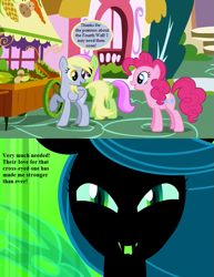 Size: 629x814 | Tagged: safe, edit, edited screencap, screencap, derpy hooves, merry may, pinkie pie, queen chrysalis, changeling, changeling queen, earth pony, pony, a canterlot wedding, griffon the brush off, cropped, fake derpy, female, fourth wall, implied derpy, impostor, speech bubble, text, uh oh