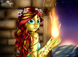 Size: 1024x745 | Tagged: safe, artist:teammagix, sunset shimmer, human, equestria girls, fiery shimmer, fire, flower, solo